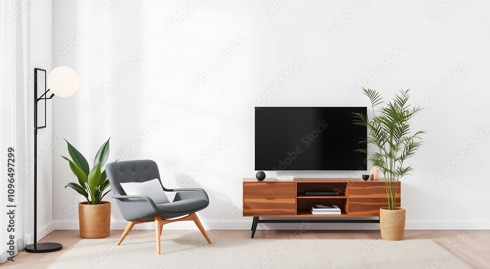 Minimalist living room interior with a tv, armchair, and plants. Minimalist living room interior with a tv, armchair, and plants.