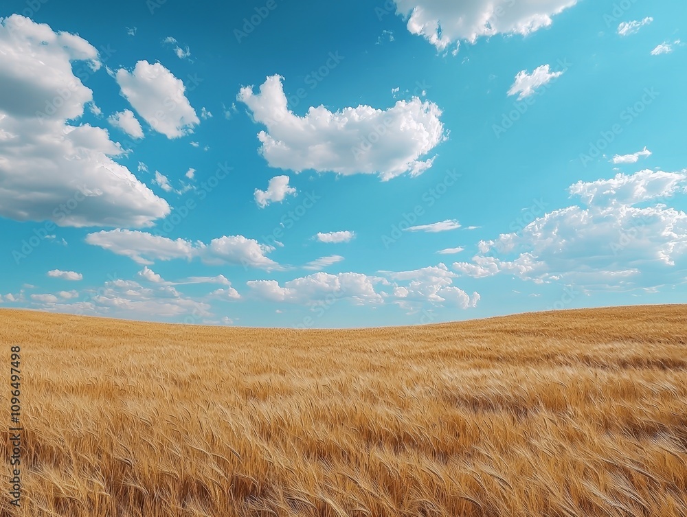 Expansive Golden Wheat Field Swaying Gently in the Wind Beneath a Vast Sky Filled with Fluffy White Clouds on a Bright Sunny Day