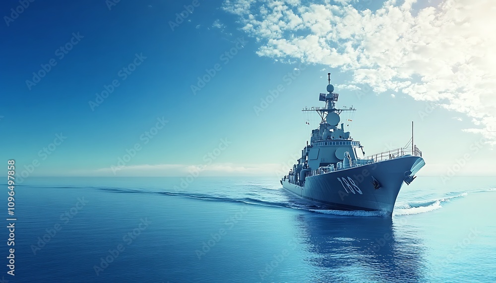A naval ship navigating through calm waters under a clear blue sky. A naval ship navigating through calm waters under a clear blue sky.