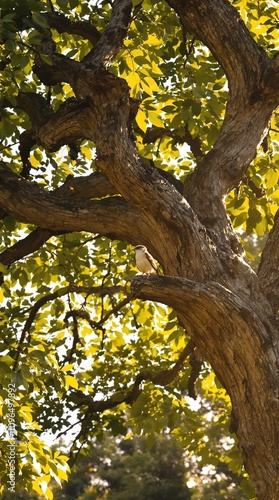 A single bird lands on the branch of an ancient oak tree against a warm sunset, tree bark, leafy foliage, , outdoor scenes, nature photography