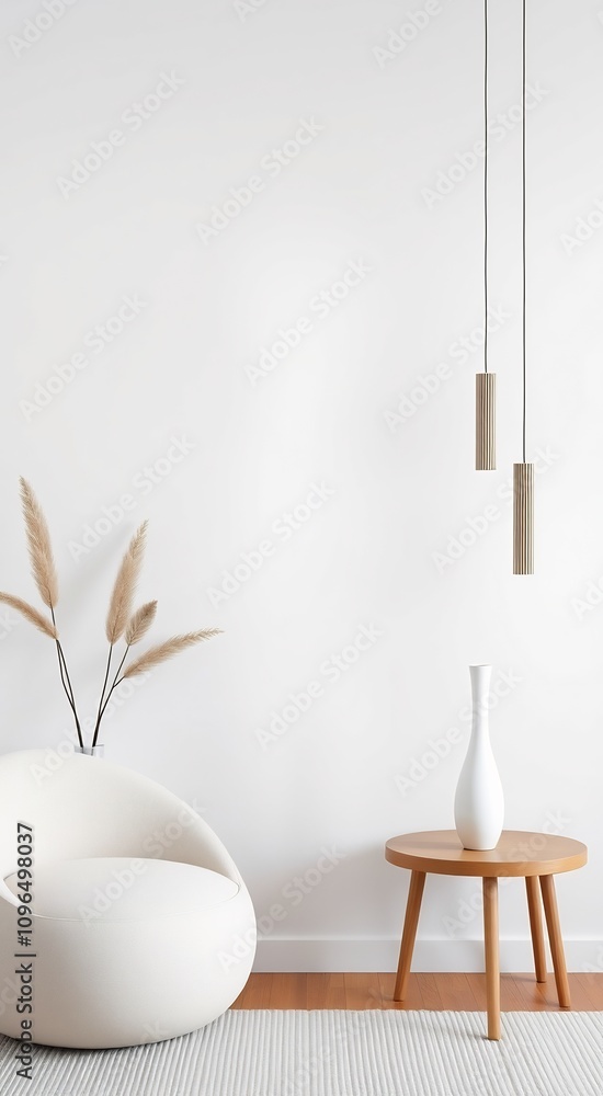 Modern living room with a white chair, a vase on a side table, and two pendant lights. Modern living room with a white chair, a vase on a side table, and two pendant lights.