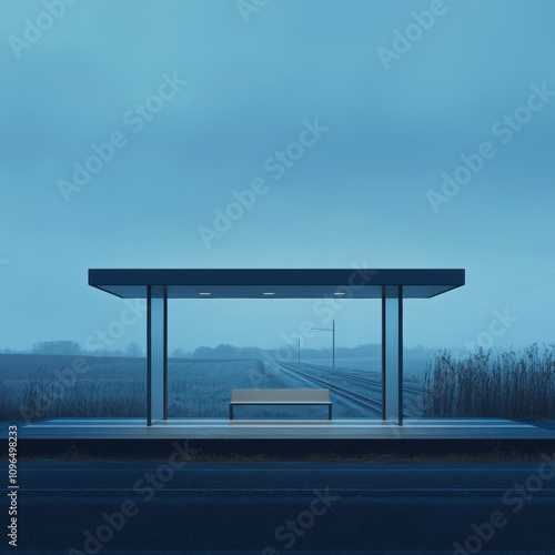 modern minimalist bus stop in serene, foggy landscape, surrounded by open fields and distant railway. tranquil atmosphere evokes sense of solitude and calm