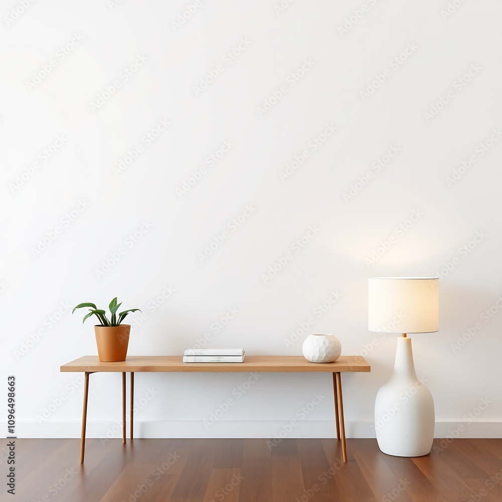 Modern wooden console table with a plant, books, and lamp. Modern wooden console table with a plant, books, and lamp.