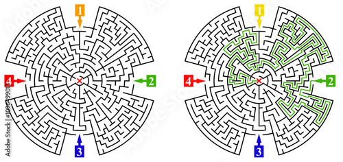Circular labyrinth with 4 entrances. Find the right way and reach the center of the maze. Mental educational game template with clue. Vector illustration