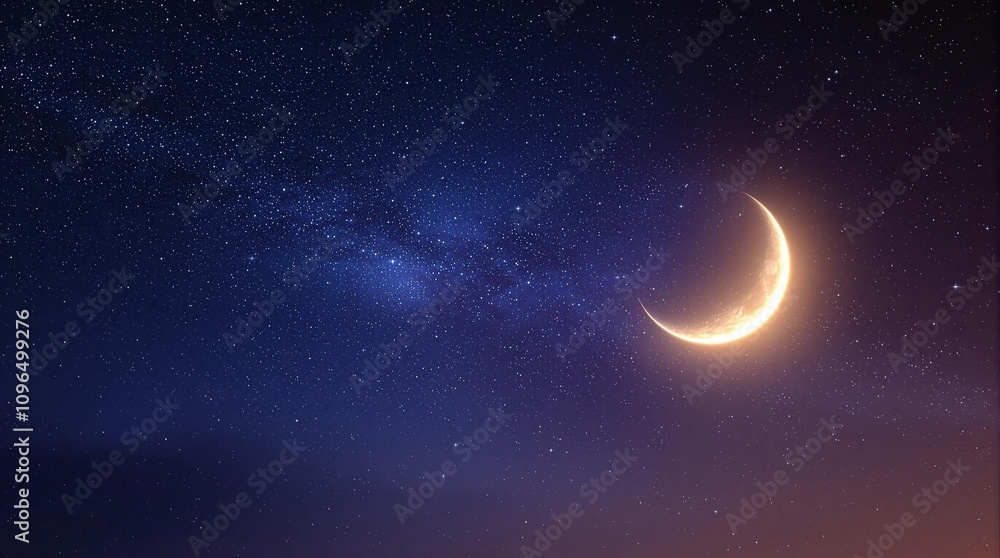A dramatic night sky with bright stars and a crescent moon shining brightly, night sky, astronomy, cosmic spectacle A dramatic night sky with bright stars and a crescent moon shining brightly, night sky, astronomy, cosmic spectacle