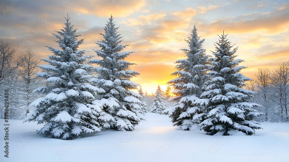 Fototapeta premium Serene Snowy Pine Forest at Sunset with Soft Golden Light
