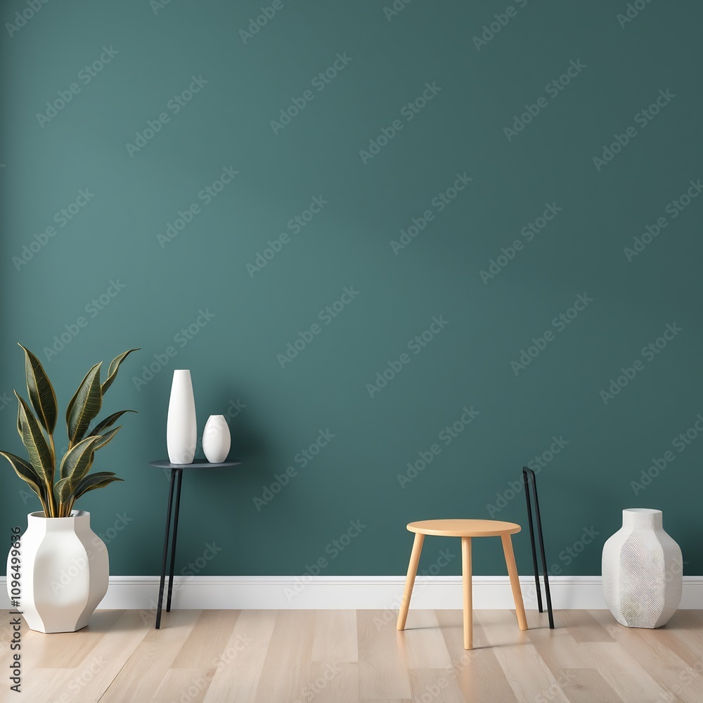 Minimalist interior design with a teal wall, wooden stool, and white vases. Minimalist interior design with a teal wall, wooden stool, and white vases.