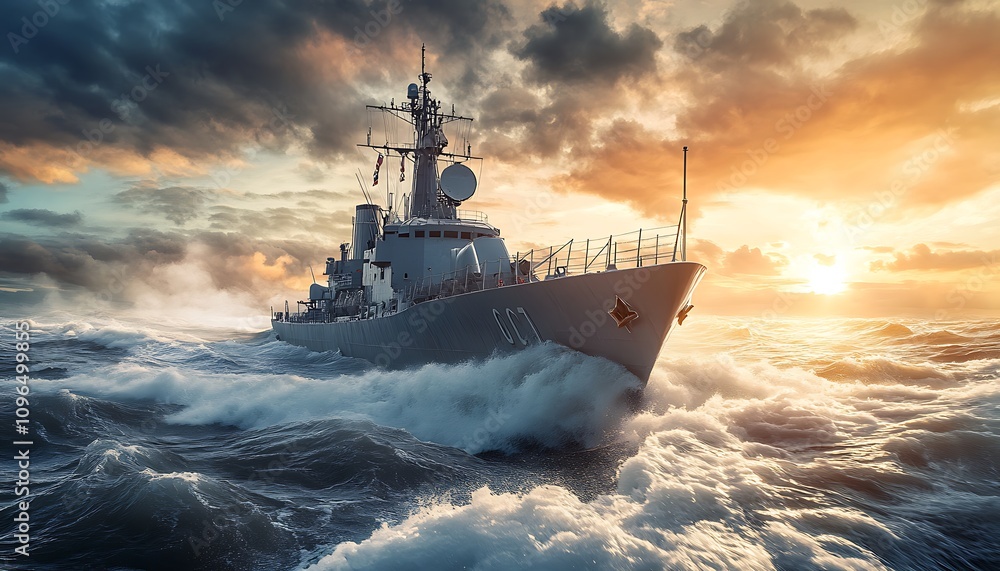 A naval ship navigating turbulent seas at sunset, showcasing maritime strength and resilience. A naval ship navigating turbulent seas at sunset, showcasing maritime strength and resilience.