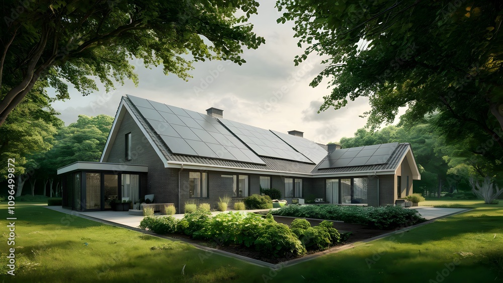 Wide Shot of Modern House with Solar Panels on Roof, Surrounded by Lush Green Yard Wide Shot of Modern House with Solar Panels on Roof, Surrounded by Lush Green Yard