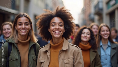 Young diverse group of united people of different ethnicities smiling on city street, warm lighting, modern tones, multiracial best friends, unity and diversity of people