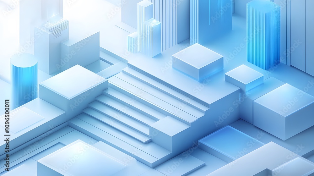 3D business data visualization with floating blue bar charts, UI dashboard elements, and white geometric platforms, featuring holographic statistics in modern infographic style. 3D business data visualization with floating blue bar charts, UI dashboard elements, and white geometric platforms, featuring holographic statistics in modern infographic style.