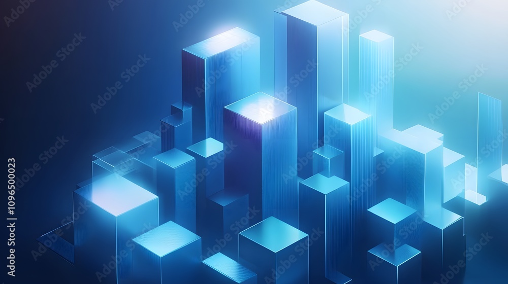 3D business data visualization with floating blue bar charts, UI dashboard elements, and white geometric platforms, featuring holographic statistics in modern infographic style. 3D business data visualization with floating blue bar charts, UI dashboard elements, and white geometric platforms, featuring holographic statistics in modern infographic style.