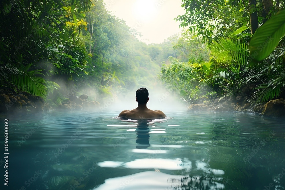Serene Hot Spring Setting with Individual Soaking in Tranquil Waters Surrounded by Lush Greenery and Mist in a Peaceful Natural Environment Serene Hot Spring Setting with Individual Soaking in Tranquil Waters Surrounded by Lush Greenery and Mist in a Peaceful Natural Environment