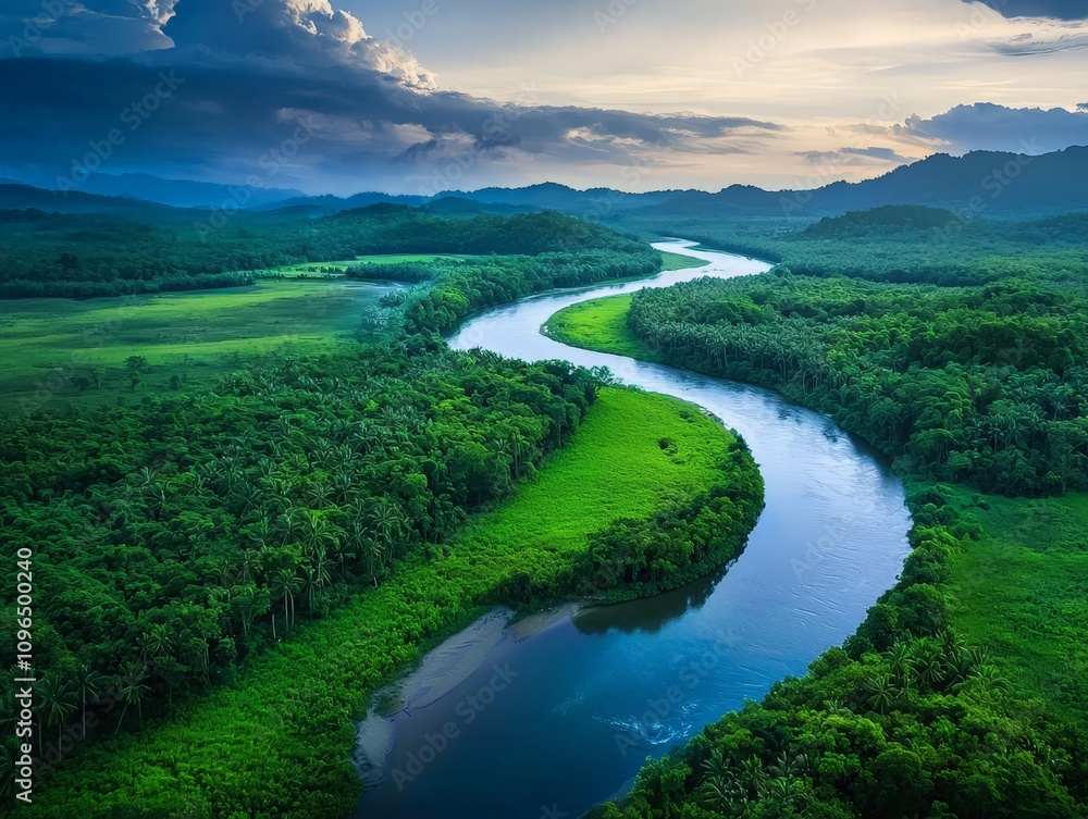 Spellbinding Aerial View of a Winding River Cutting Through Lush Green Forests at Dusk in a Breathtaking Landscape Scene Spellbinding Aerial View of a Winding River Cutting Through Lush Green Forests at Dusk in a Breathtaking Landscape Scene