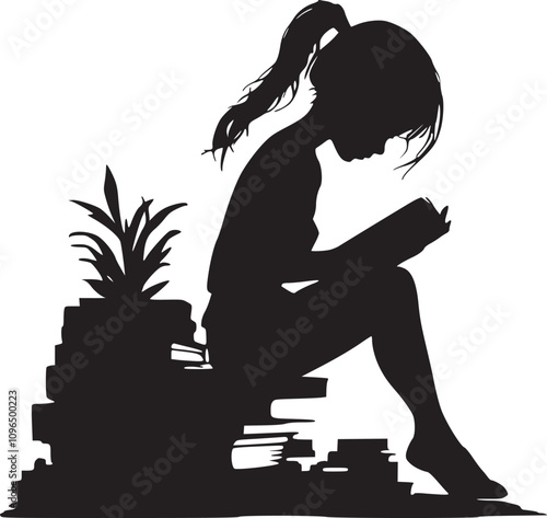 Vector art of a child reading on stacked books in silhouette style, sitting on a pile of books