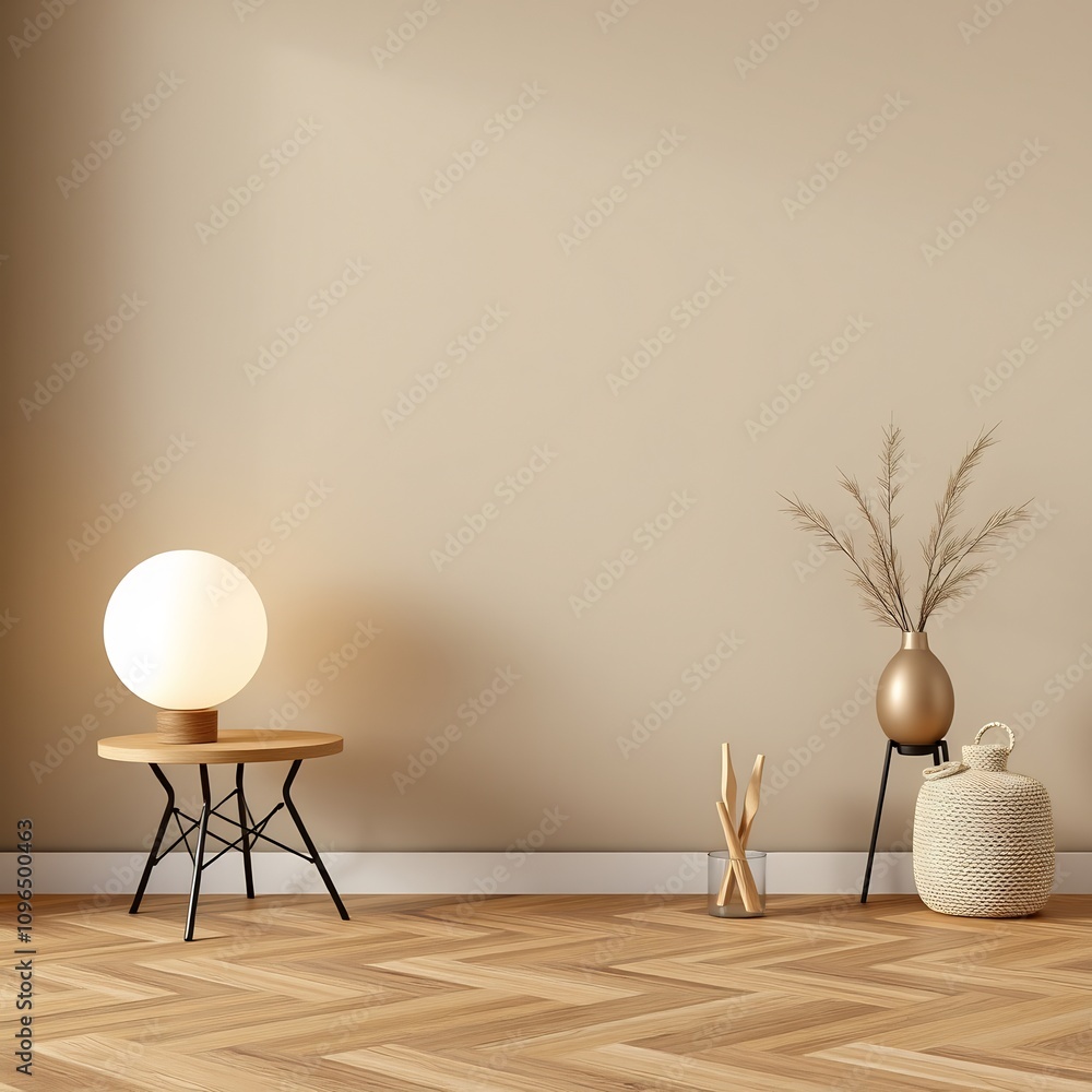 Beige wall, wooden floor, lamp, and vase with dried flower. Beige wall, wooden floor, lamp, and vase with dried flower.