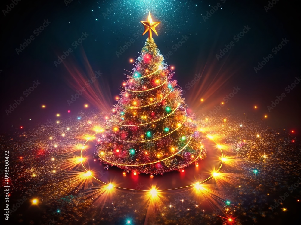 Abstract Glowing Christmas Tree on a Dark Background for Holiday Decor and Festive Celebrations with Copy Space for Text or Messages Abstract Glowing Christmas Tree on a Dark Background for Holiday Decor and Festive Celebrations with Copy Space for Text or Messages
