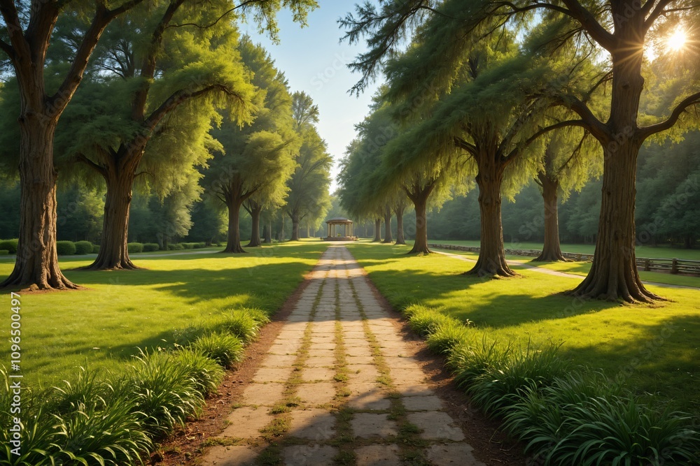 Serene Park Pathway Sunlit Trees Green Grass Gazebo Serene Park Pathway Sunlit Trees Green Grass Gazebo