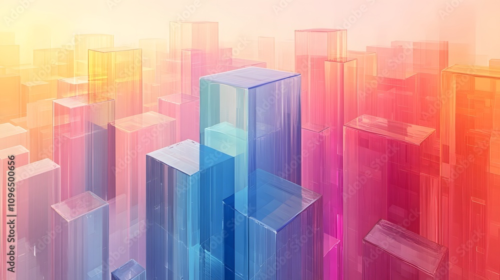 Fototapeta premium Isometric glass skyscrapers with translucent gradients transitioning from blue to pink, featuring&nbsp;modern geometric shapes and glowing edges&nbsp;on light beige background.