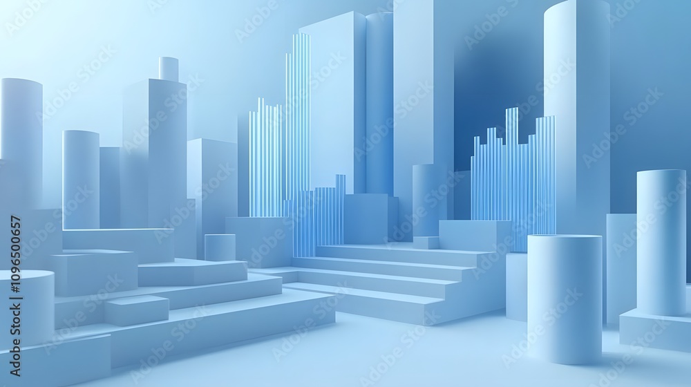 3D business data visualization with floating blue bar charts, UI dashboard elements, and white geometric platforms, featuring holographic statistics in modern infographic style. 3D business data visualization with floating blue bar charts, UI dashboard elements, and white geometric platforms, featuring holographic statistics in modern infographic style.
