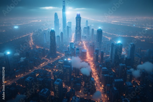 Futuristic Cityscape at Night  Aerial View of Illuminated Skyscrapers and Roads