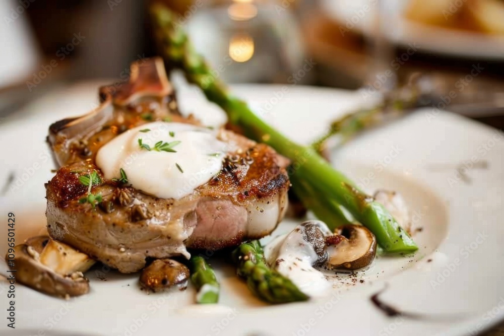 Grilled meat with sauce, asparagus, and mushrooms is elegantly plated. Concept is gourmet dining and culinary excellence. For restaurant menu designs Grilled meat with sauce, asparagus, and mushrooms is elegantly plated. Concept is gourmet dining and culinary excellence. For restaurant menu designs