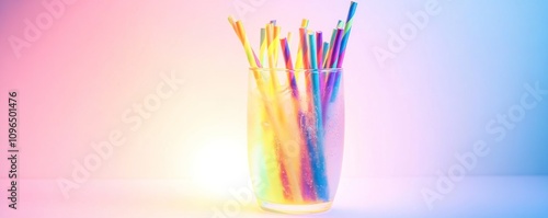 A colorful arrangement of straws in a glass against a vibrant background.