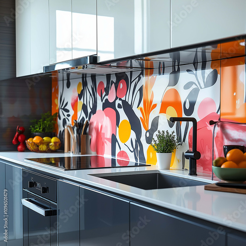 Modern kitchen with colorful backsplash and sleek design, featuring vibrant floral patterns, stylish sink, and fresh fruits on counter photo