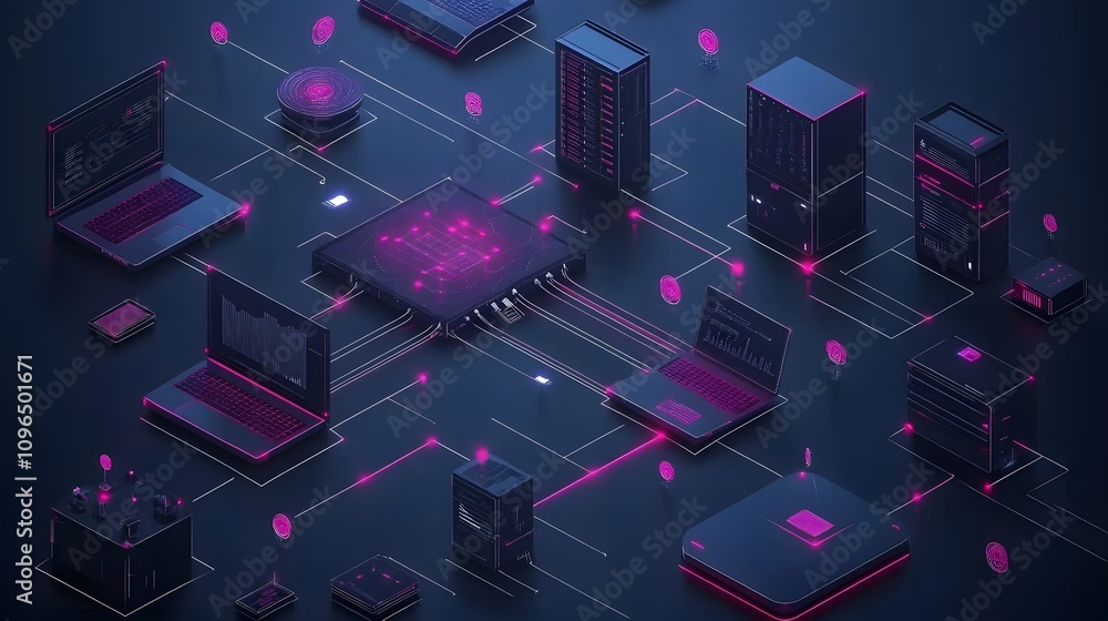 Isometric tech network visualization with connected devices, servers, laptops, and UI screens, featuring floating geometric elements and glowing connection lines in blue and red gradients. Isometric tech network visualization with connected devices, servers, laptops, and UI screens, featuring floating geometric elements and glowing connection lines in blue and red gradients.