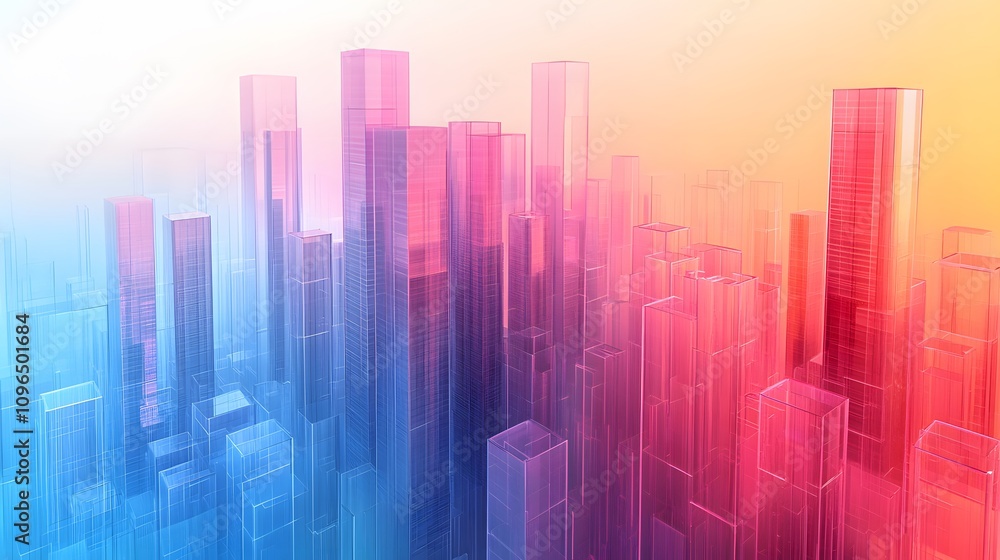 Isometric glass skyscrapers with translucent gradients transitioning from blue to pink, featuring modern geometric shapes and glowing edges on light beige background. Isometric glass skyscrapers with translucent gradients transitioning from blue to pink, featuring modern geometric shapes and glowing edges on light beige background.