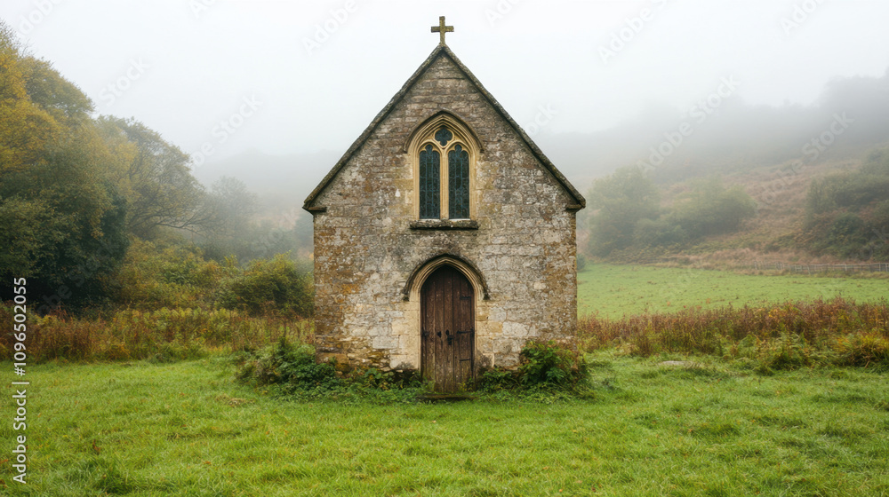Historic Churches and Art and Iconography. A quaint, fog-covered stone chapel stands alone in a lush green field, evoking a sense of tranquility and mystery. Historic Churches and Art and Iconography. A quaint, fog-covered stone chapel stands alone in a lush green field, evoking a sense of tranquility and mystery.