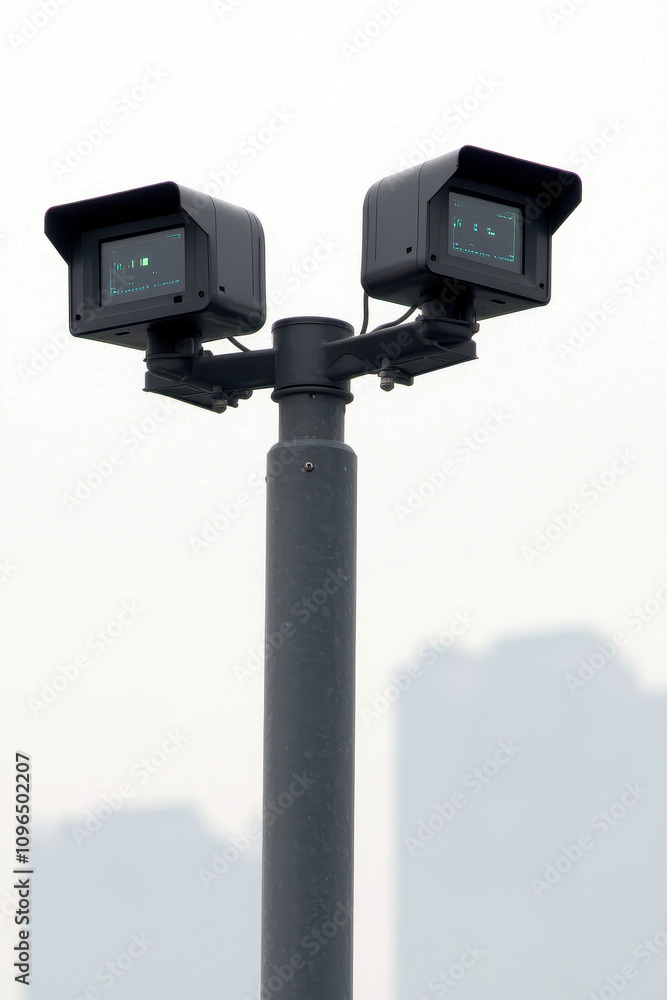 Urban air pollution monitoring devices on pole, capturing data on smog levels. These sensors play crucial role in assessing air quality in urban environments Urban air pollution monitoring devices on pole, capturing data on smog levels. These sensors play crucial role in assessing air quality in urban environments