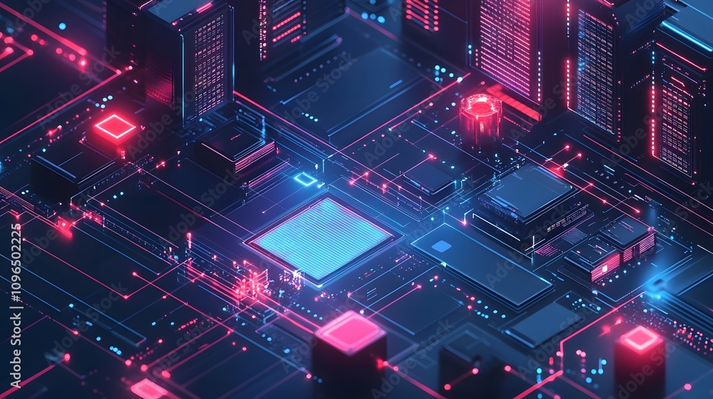 Isometric tech network visualization with connected devices, servers, laptops, and UI screens, featuring floating geometric elements and glowing connection lines in blue and red gradients. Isometric tech network visualization with connected devices, servers, laptops, and UI screens, featuring floating geometric elements and glowing connection lines in blue and red gradients.
