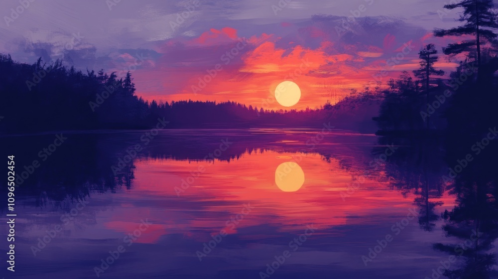 A sunset reflecting off a lake, with colors transitioning from orange to purple. A sunset reflecting off a lake, with colors transitioning from orange to purple.