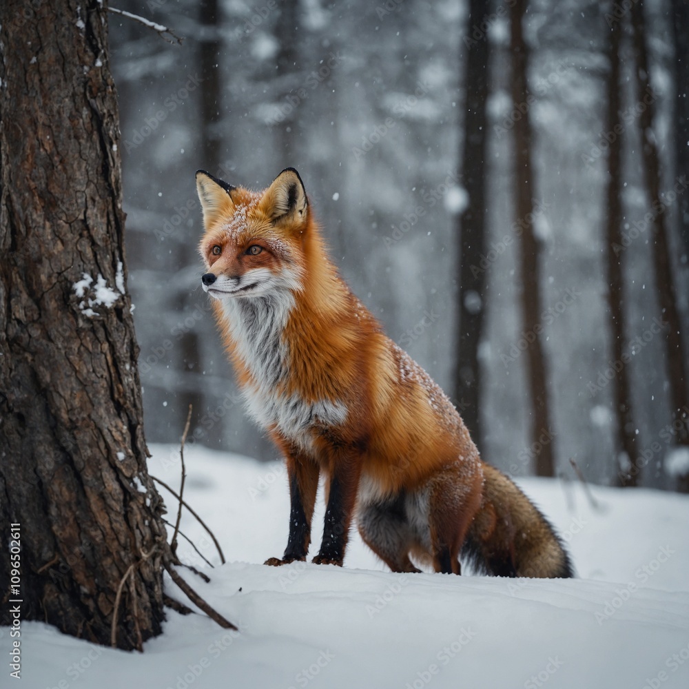 Fototapeta premium A stunning red fox with a fluffy tail standing alert in a snowy forest.