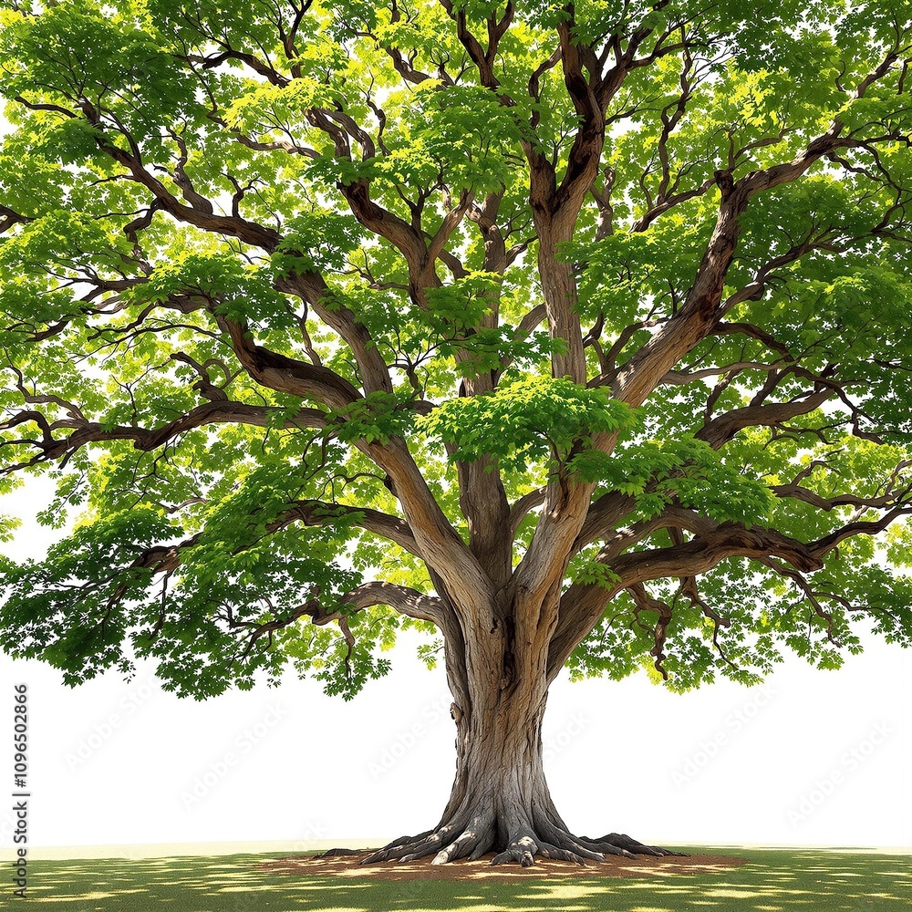 Fototapeta premium A large tree with a sprawling canopy of green leaves, casting dappled shadows on the ground, foliage, forest