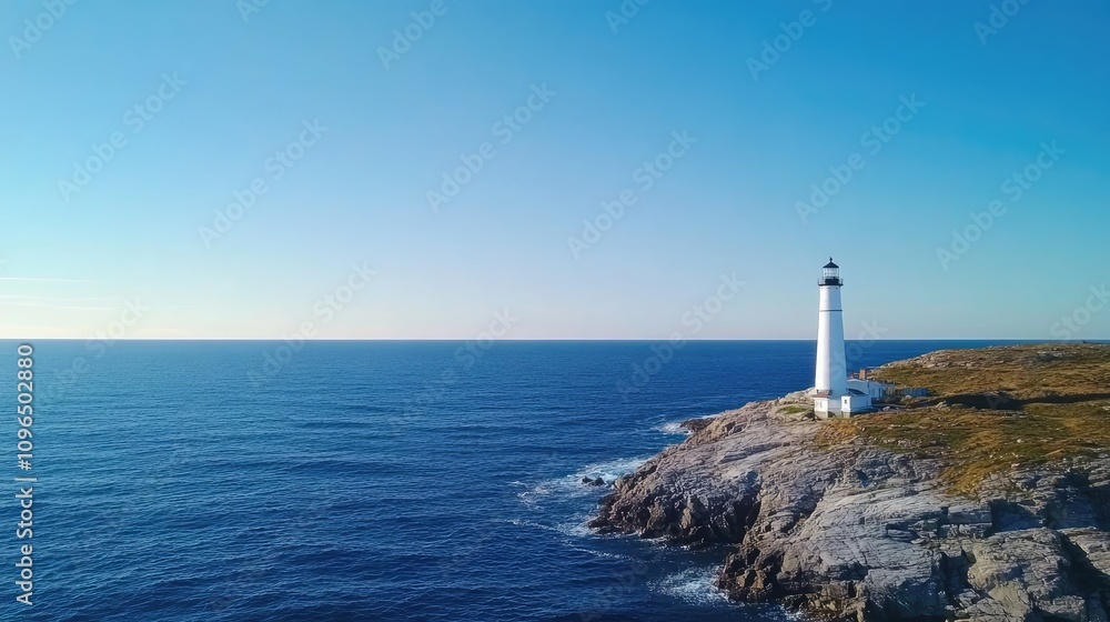 A stunning lighthouse stands proudly on a rocky coast, overlooking the blue ocean under a clear sky A stunning lighthouse stands proudly on a rocky coast, overlooking the blue ocean under a clear sky