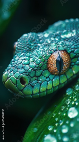 Close-up view of a vibrant green snake resting on wet leaves in a lush environment