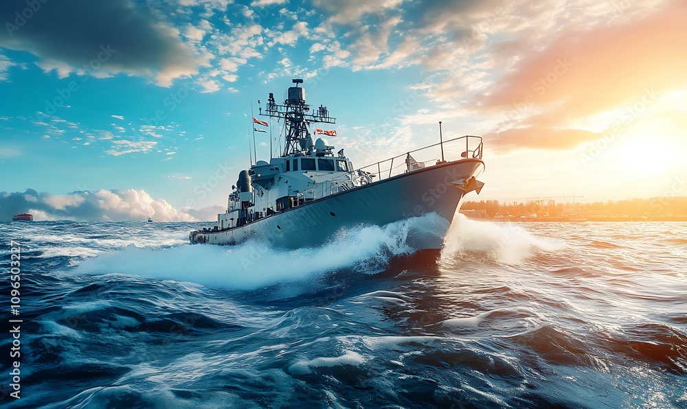 A naval vessel navigating through turbulent waters at sunset. A naval vessel navigating through turbulent waters at sunset.