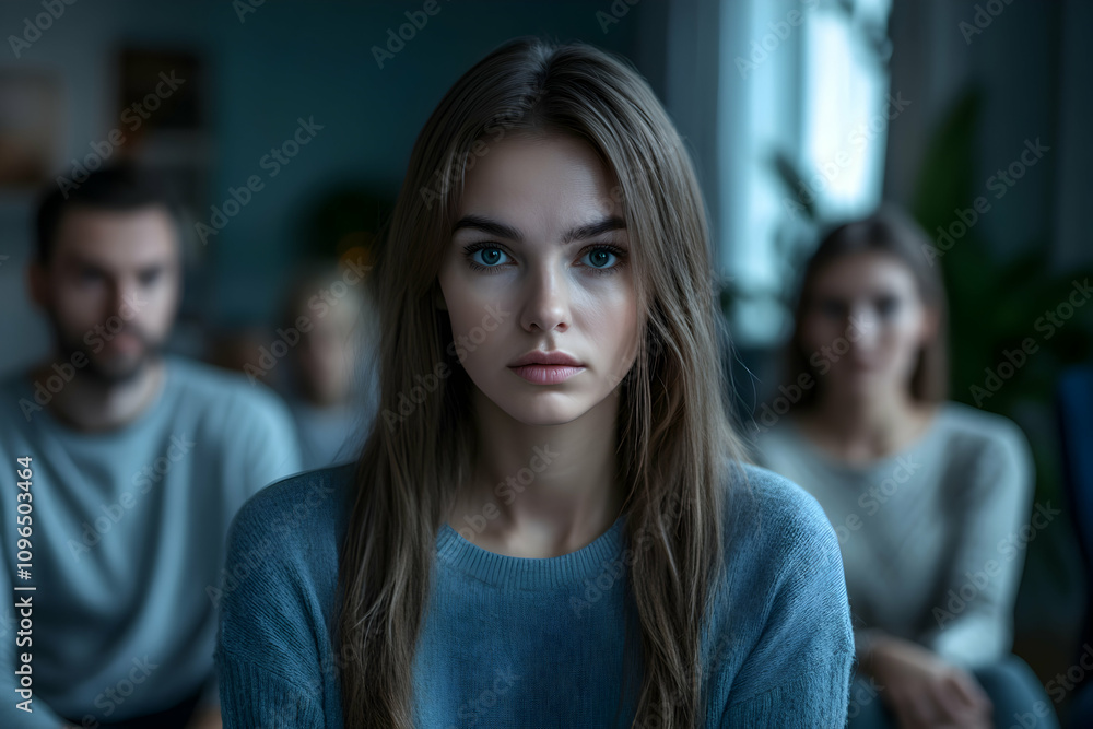 A Young Woman with Serious Expression, Focused Gaze, Surrounded by Blurred Figures in a Dimly Lit Setting. A Young Woman with Serious Expression, Focused Gaze, Surrounded by Blurred Figures in a Dimly Lit Setting.