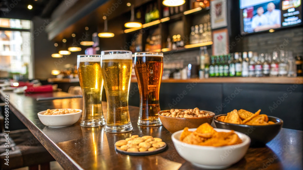 Three glasses of beer on wooden table with snacks, bar without people Three glasses of beer on wooden table with snacks, bar without people