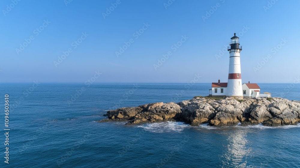 A stunning lighthouse stands proudly on a rocky coast, overlooking the blue ocean under a clear sky A stunning lighthouse stands proudly on a rocky coast, overlooking the blue ocean under a clear sky