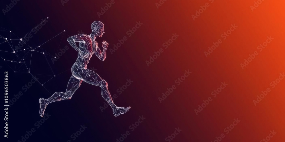 Abstract wireframe athlete running in low poly style composed of triangular shapes, representing the intersection of sport, human anatomy, and generative AI technology, technology, sport, wireframe