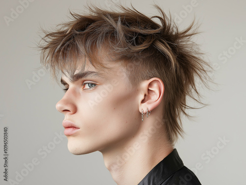 A close-up portrait of a man/woman with a trendy, edgy mullet haircut photo