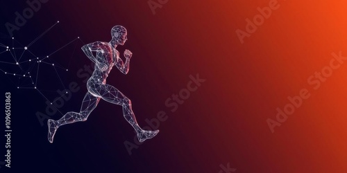 Abstract wireframe athlete running in low poly style composed of triangular shapes, representing the intersection of sport, human anatomy, and generative AI technology, technology, sport, wireframe