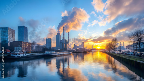 Wallpaper Mural Industrial Cityscape at Sunset: River Reflects Smokestacks and Buildings Torontodigital.ca