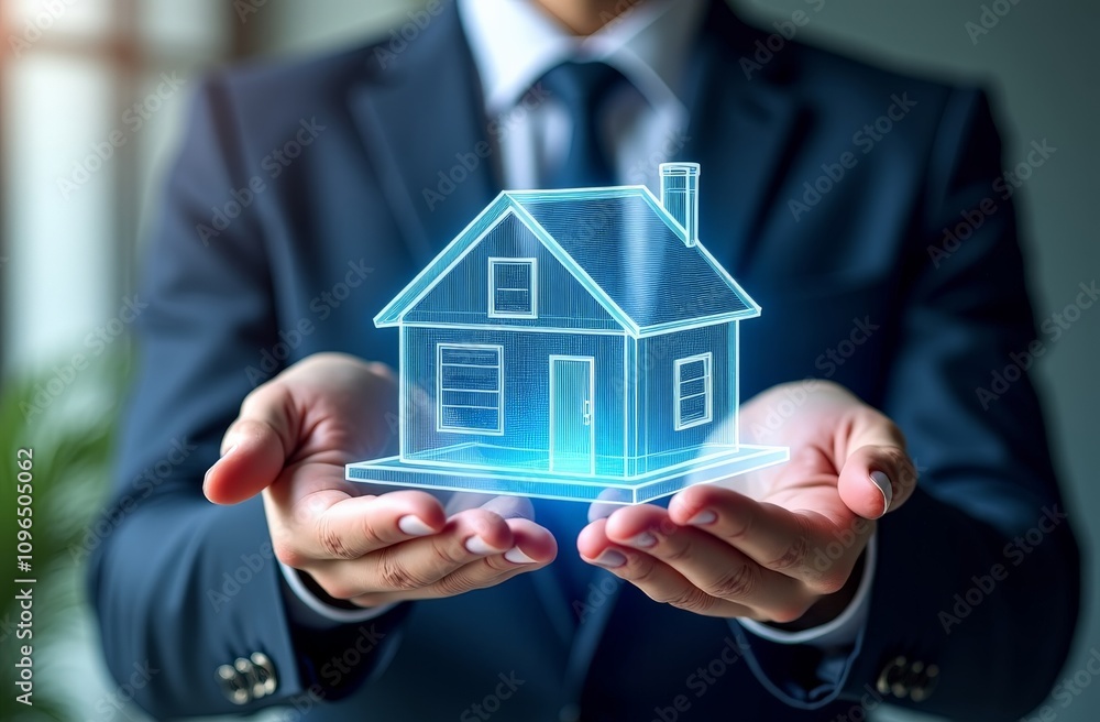 Businessman holding a holographic house model in hands Businessman holding a holographic house model in hands