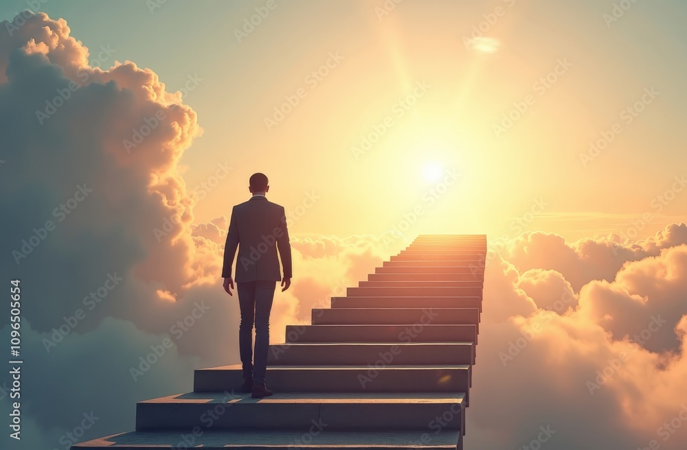 Man walking up stairs into the clouds at sunrise Man walking up stairs into the clouds at sunrise