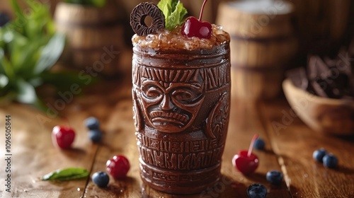 Indulge tropical delight Bushwhacker cocktail served tiki mug decadent garnishes inviting beachside escape photo