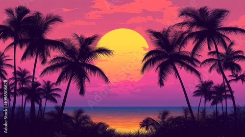 A tropical beach scene with palm trees and a large sun in the sky